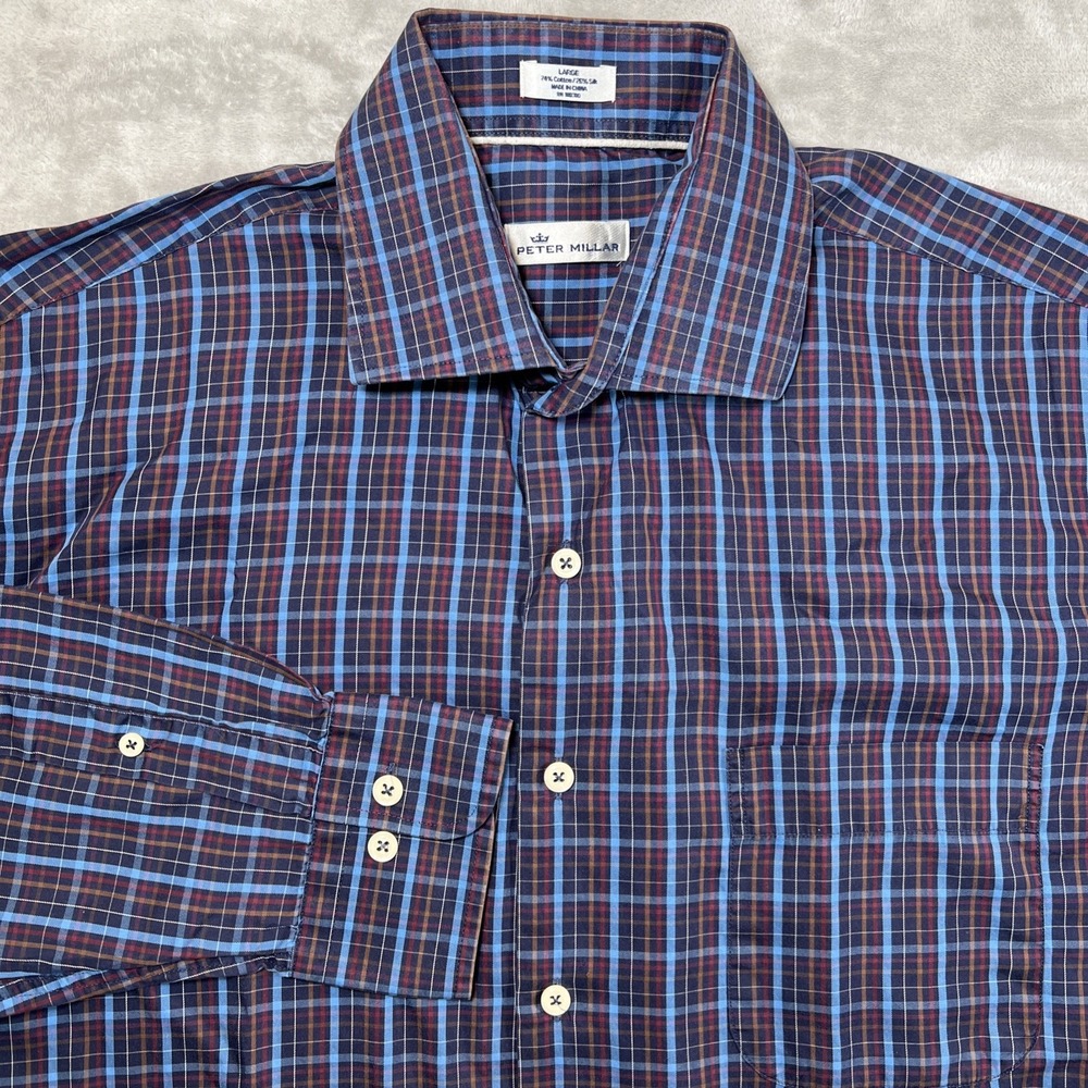 Peter Millar Shirt Button Up Long Sleeve Blue/Brown Plaid Cotton/Silk Men Size L